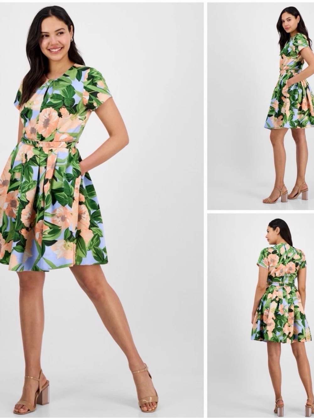Tahari Peach & Green Floral Fit-and-Flare Mini Dress